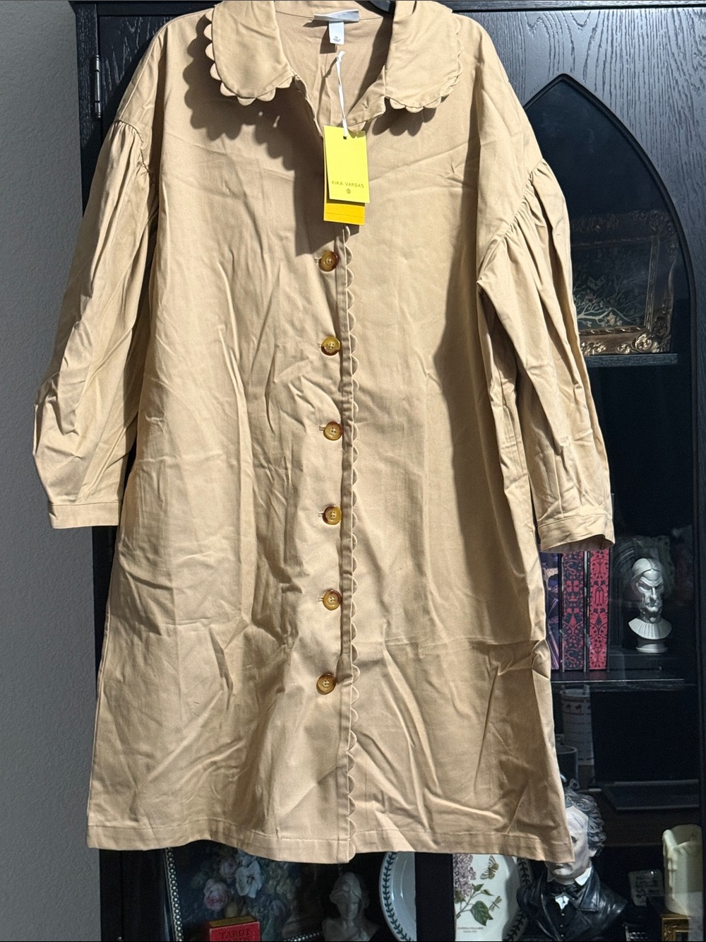 Kika Vargas Scalloped Collar Coat Dress in Light Tan